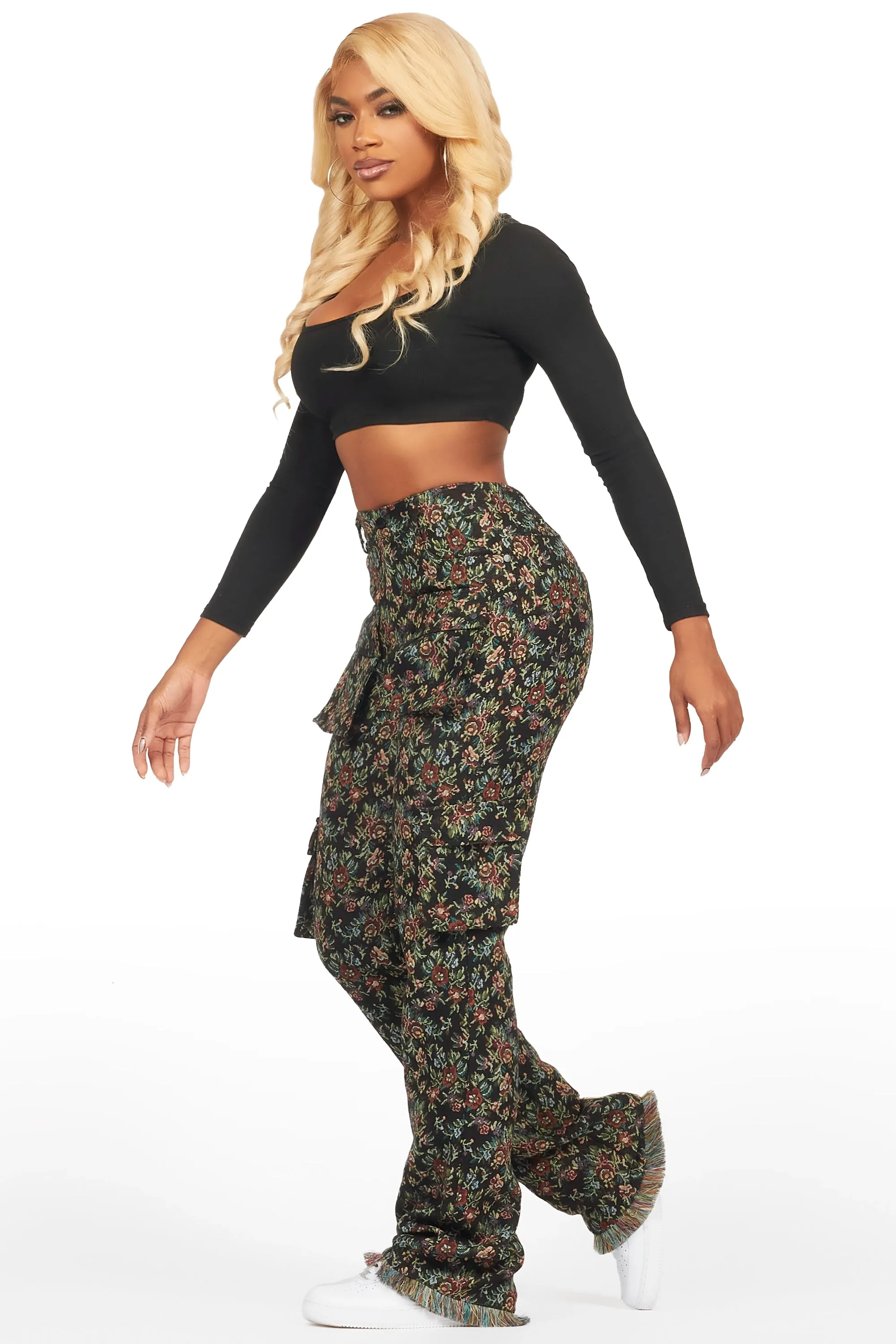 Niyah Black Floral Tapestry Stacked Pant