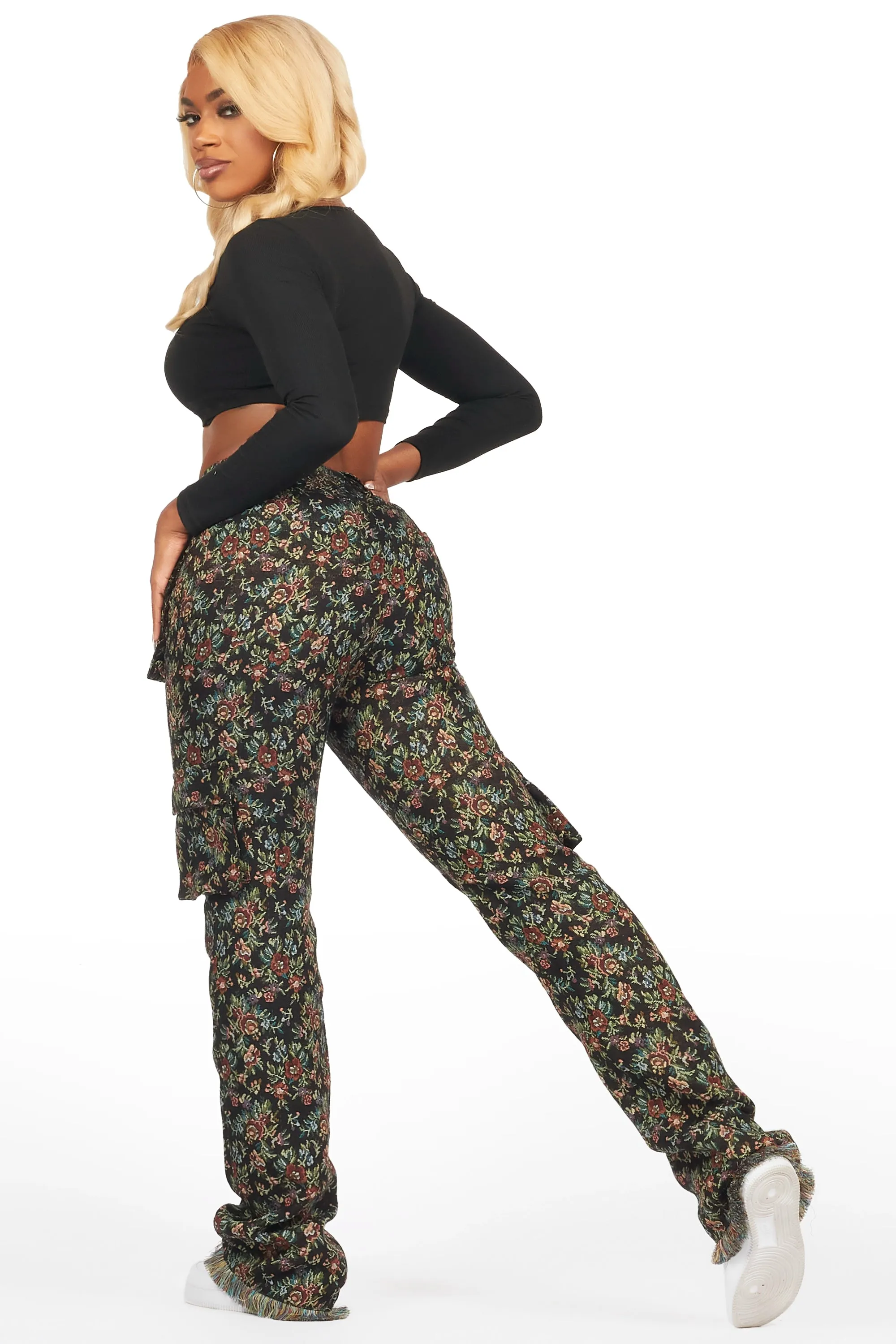 Niyah Black Floral Tapestry Stacked Pant