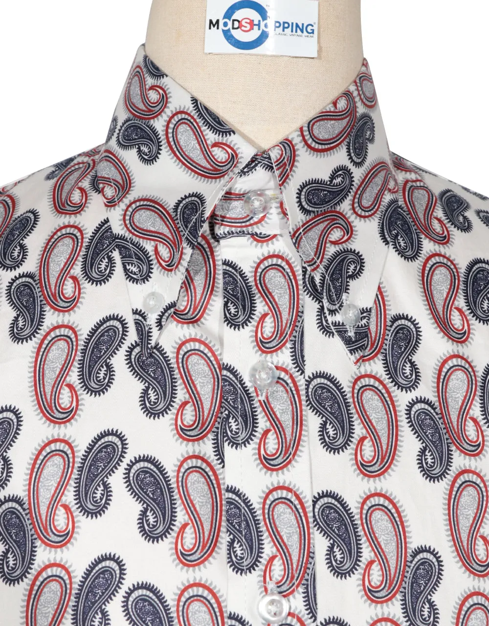 Paisley Shirt - 60s Style White, Red and Navy Blue Paisley Shirt