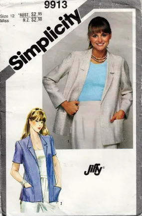 Simplicity 9913 Womens JIFFY Short or Long Sleeved Jacket 1980s Vintage Sewing Pattern Size 12 Bust 34 inches