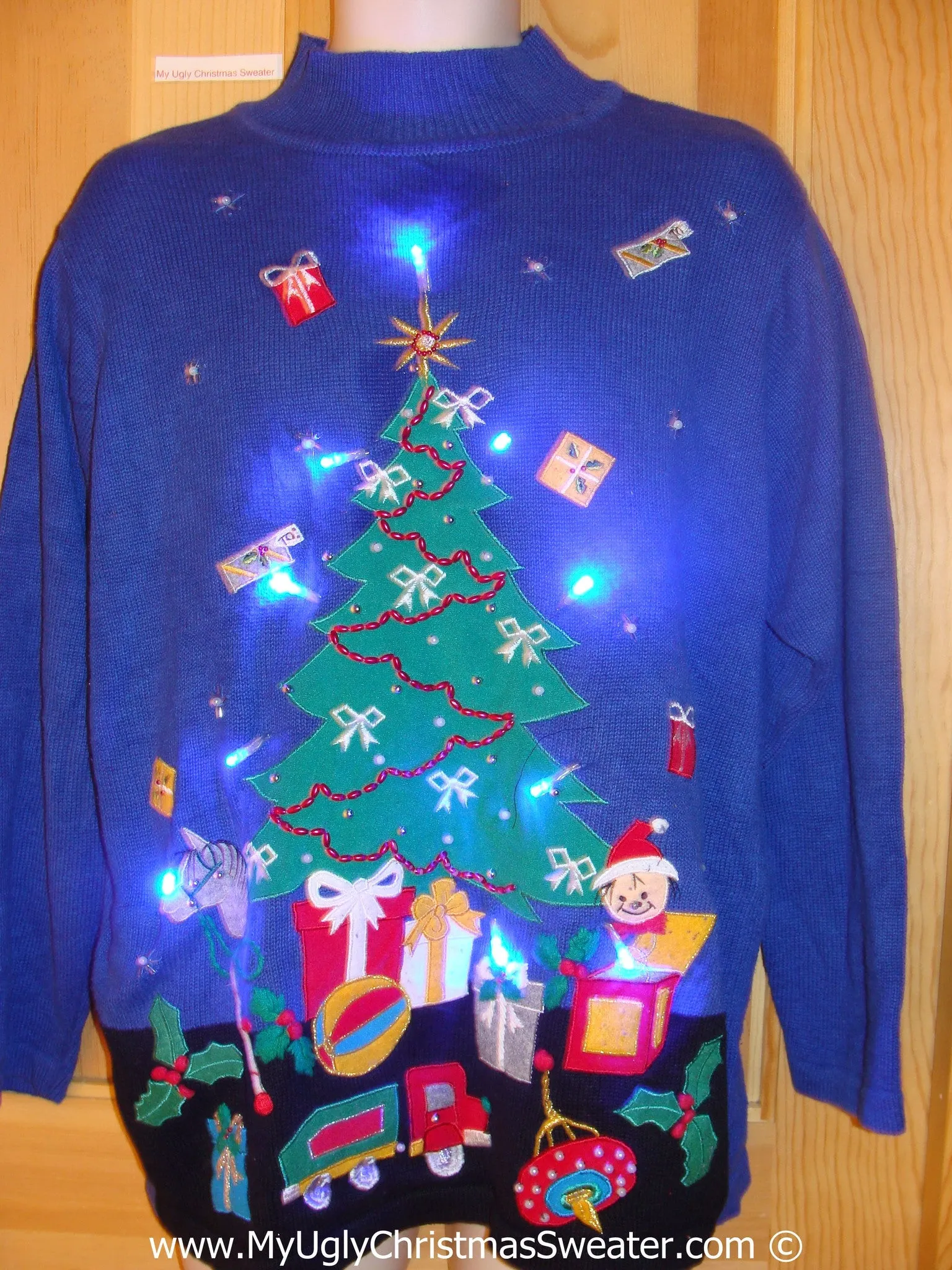 Tacky Blue Xmas Sweater with Lights Huge Tree Toys (g187)