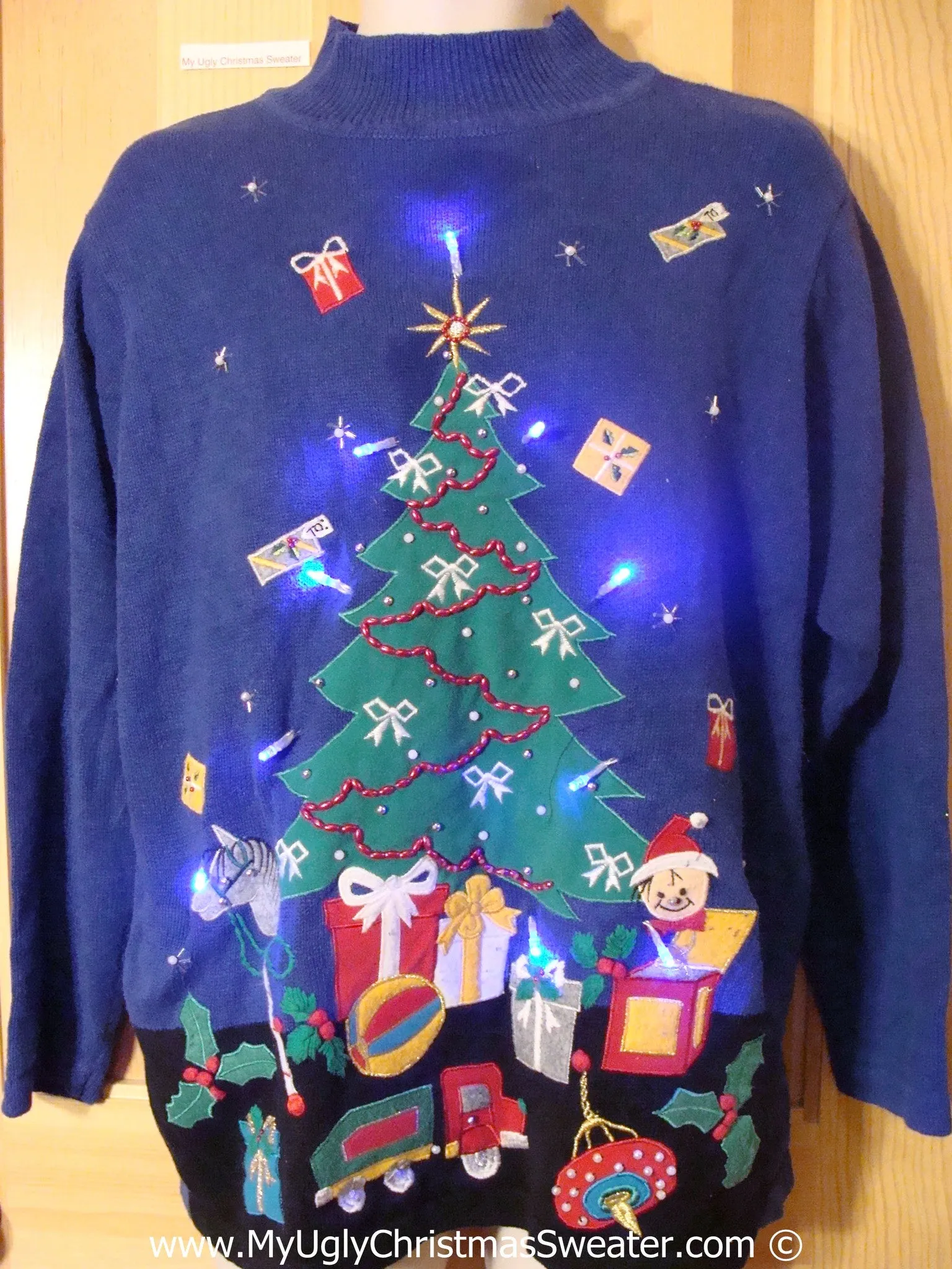 Tacky Blue Xmas Sweater with Lights Huge Tree Toys (g187)