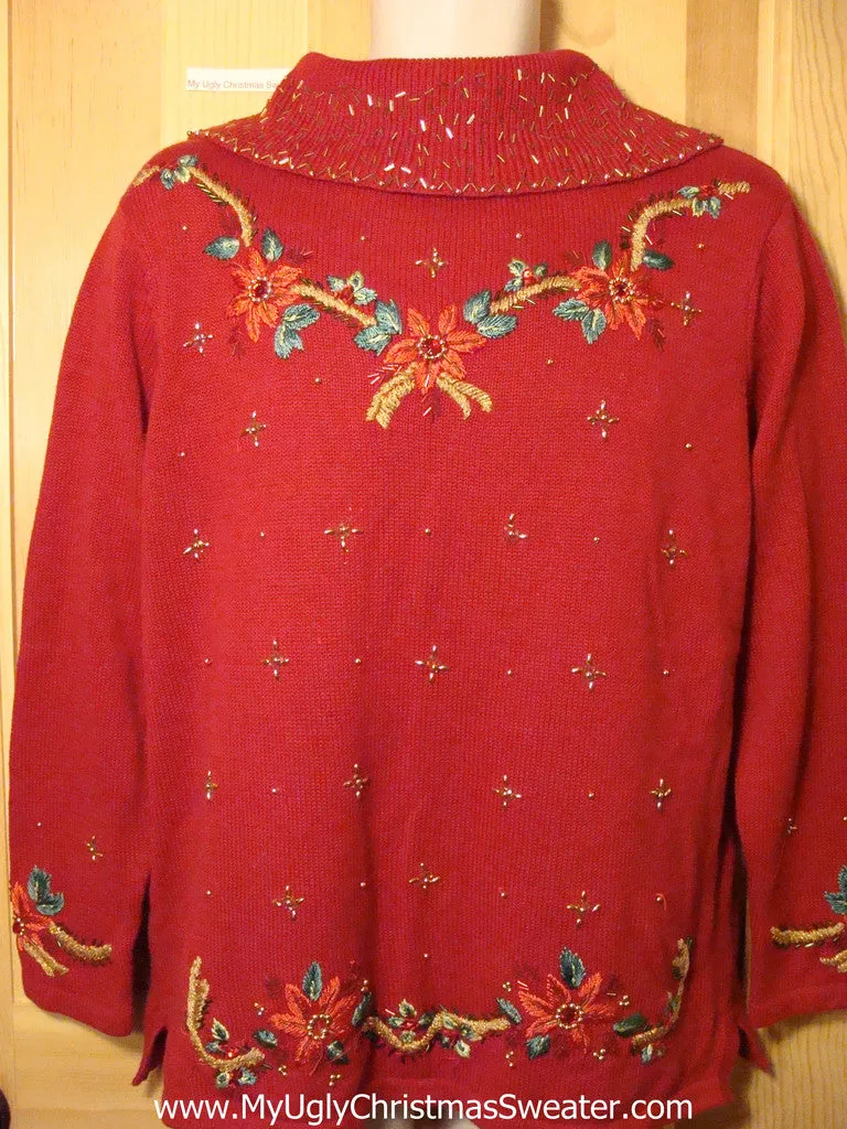 Tacky Ugly Christmas Red Sweater with Bling Filled Poinsettias  (f243)