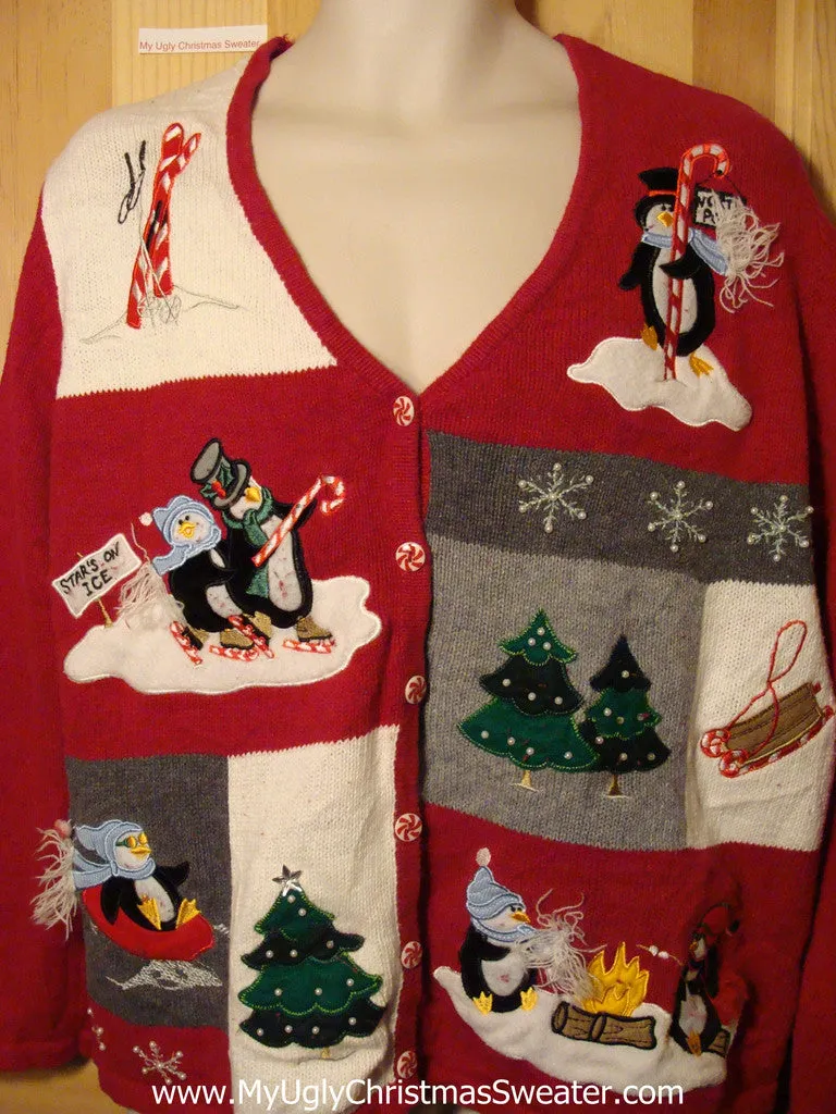 Tacky Ugly Christmas Sweater Cardigan with Skating Penguins (f310)