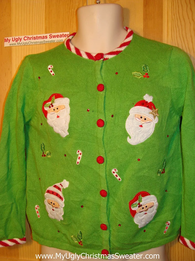 Tacky Ugly Christmas Sweater Green with Santa and Candy Cane Stripes (f75)