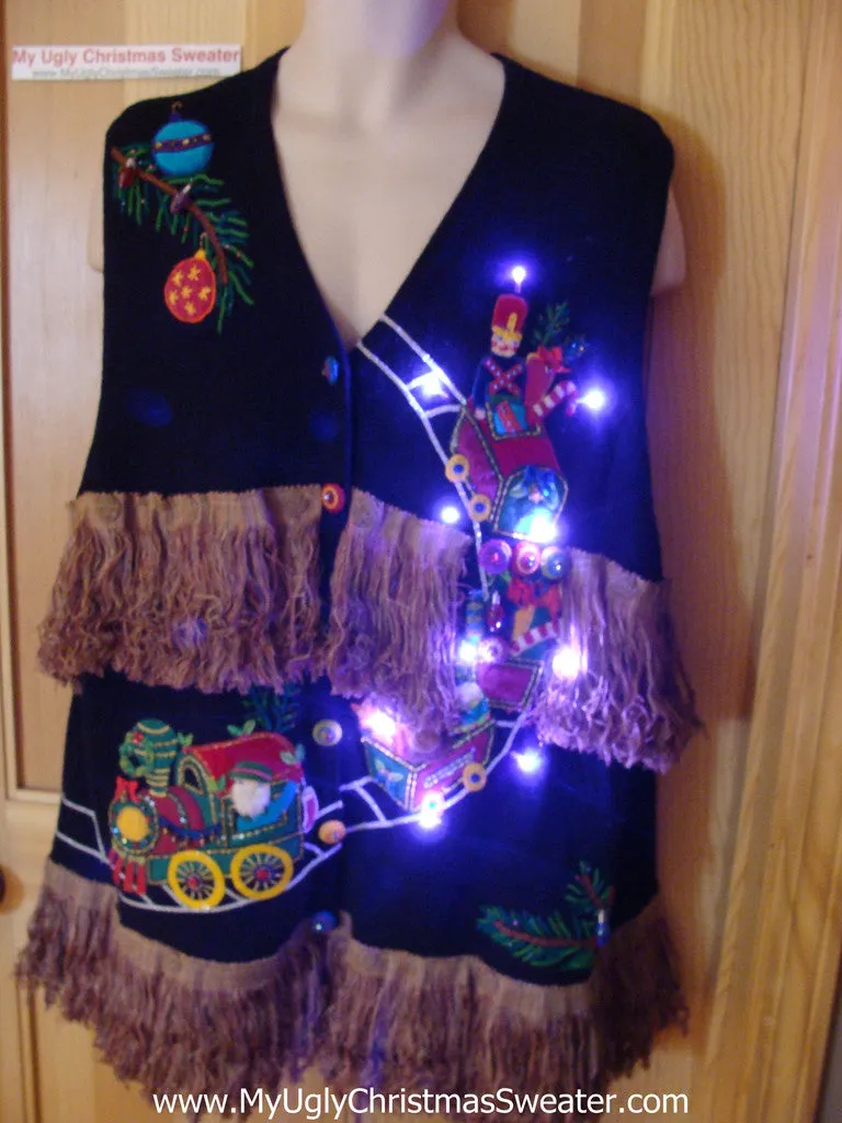 Tacky Ugly Christmas Sweater Vest Holy Grail of Awful with Lights and Fringe XXXL (g83)