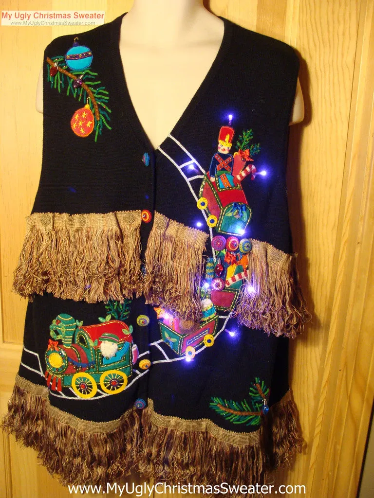 Tacky Ugly Christmas Sweater Vest Holy Grail of Awful with Lights and Fringe XXXL (g83)