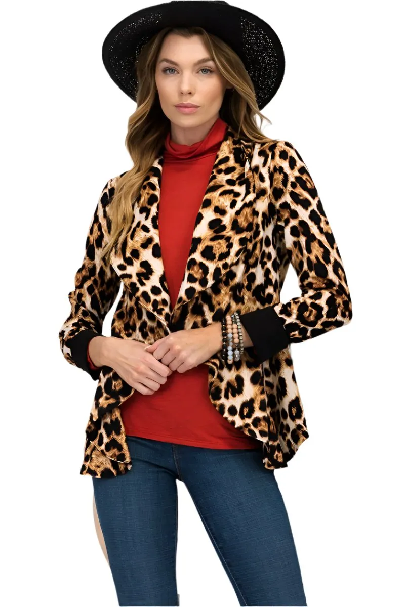 TEEK - Leopard Open Front Long Sleeve Blazer