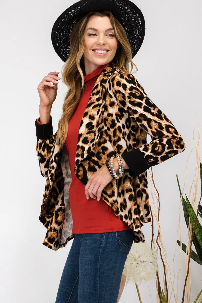 TEEK - Leopard Open Front Long Sleeve Blazer