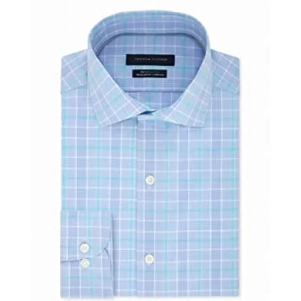 Tommy Hilfiger Mens Plaid Regular Fit Button-Down Dress Shirt Powder Blue