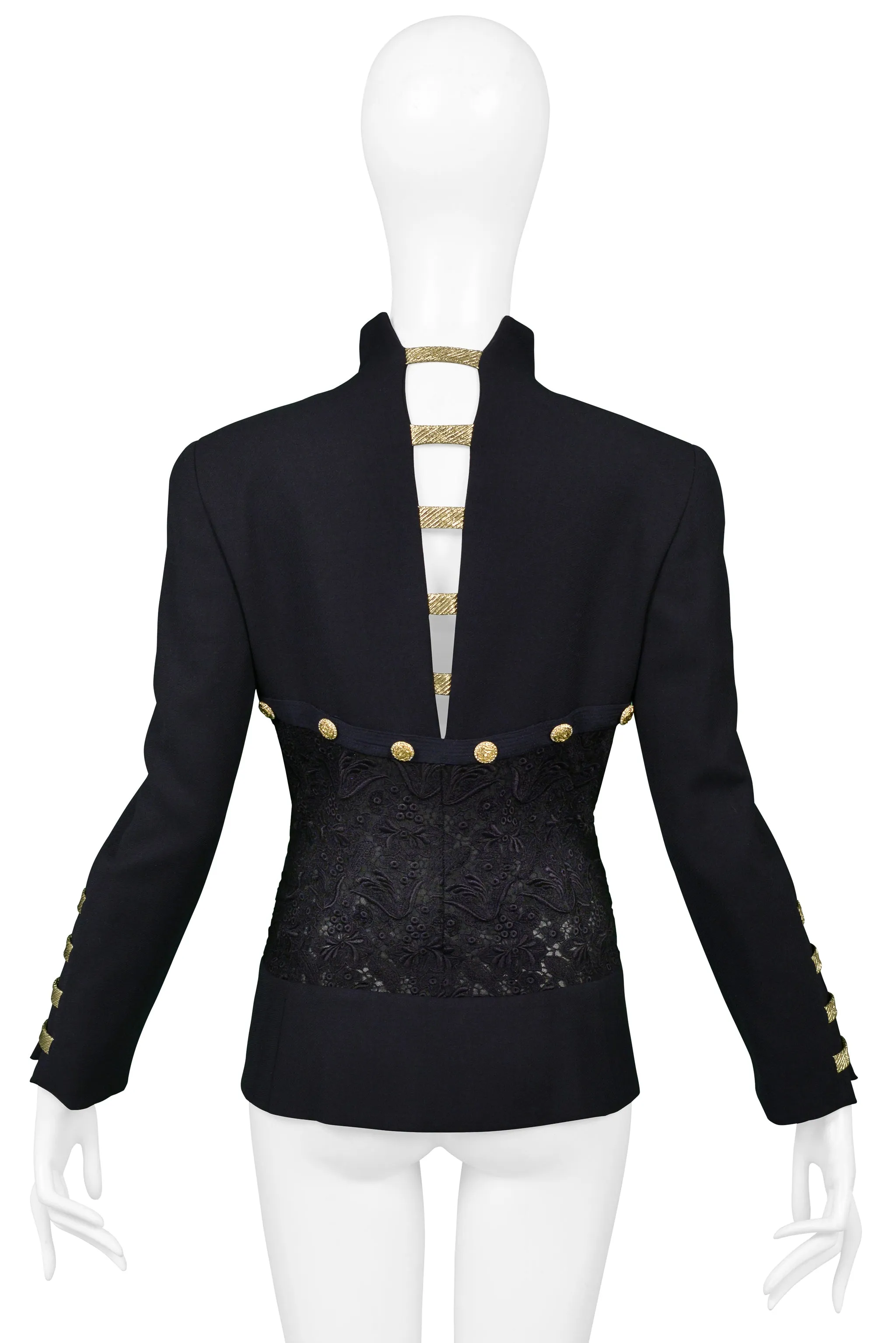 VERSACE  NAVY BLAZER JACKET WITH LACE BACK & GOLD BUTTONS SS 1992