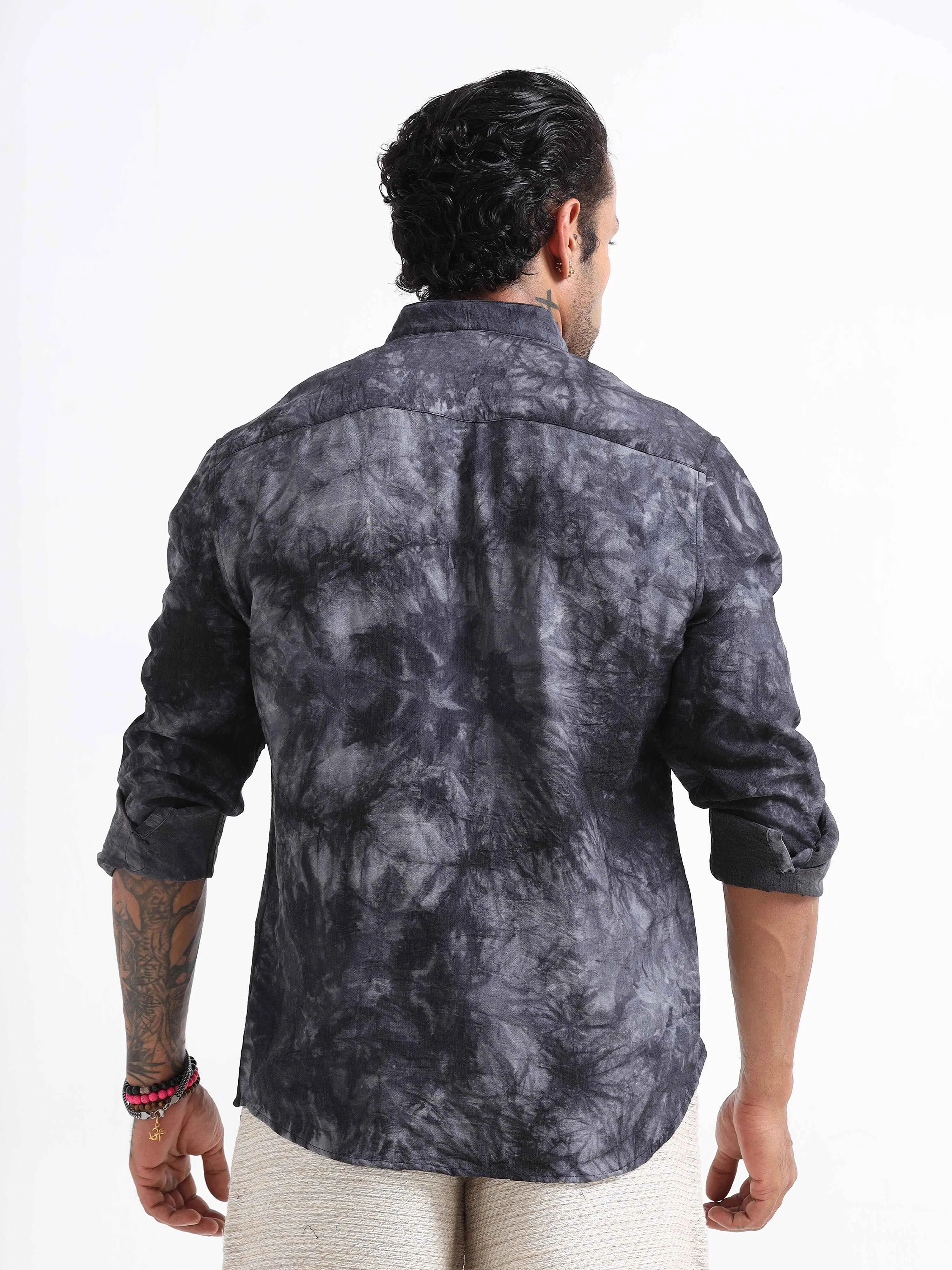 Whispering Waves Mandarin Shirt In Black