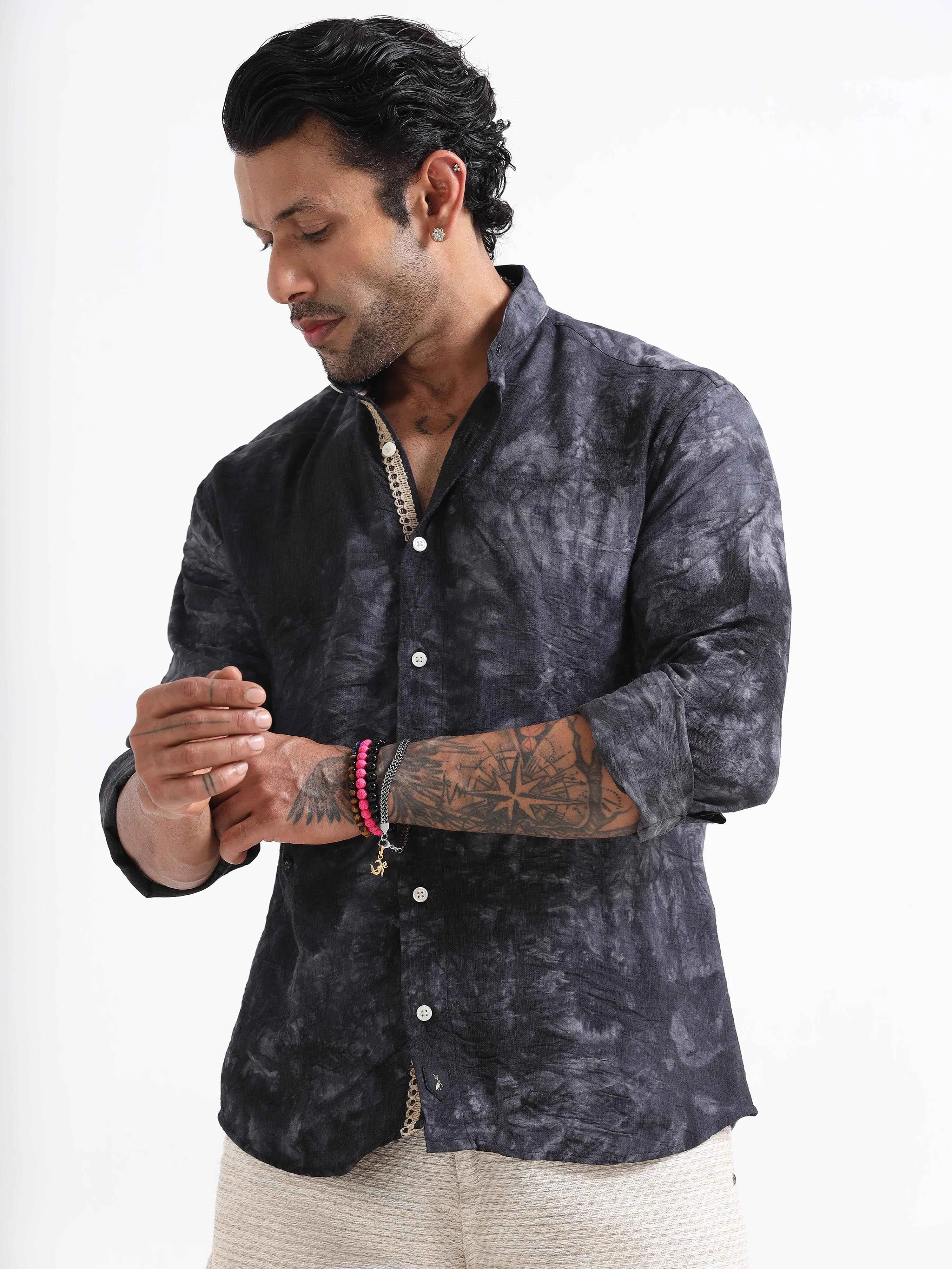 Whispering Waves Mandarin Shirt In Black