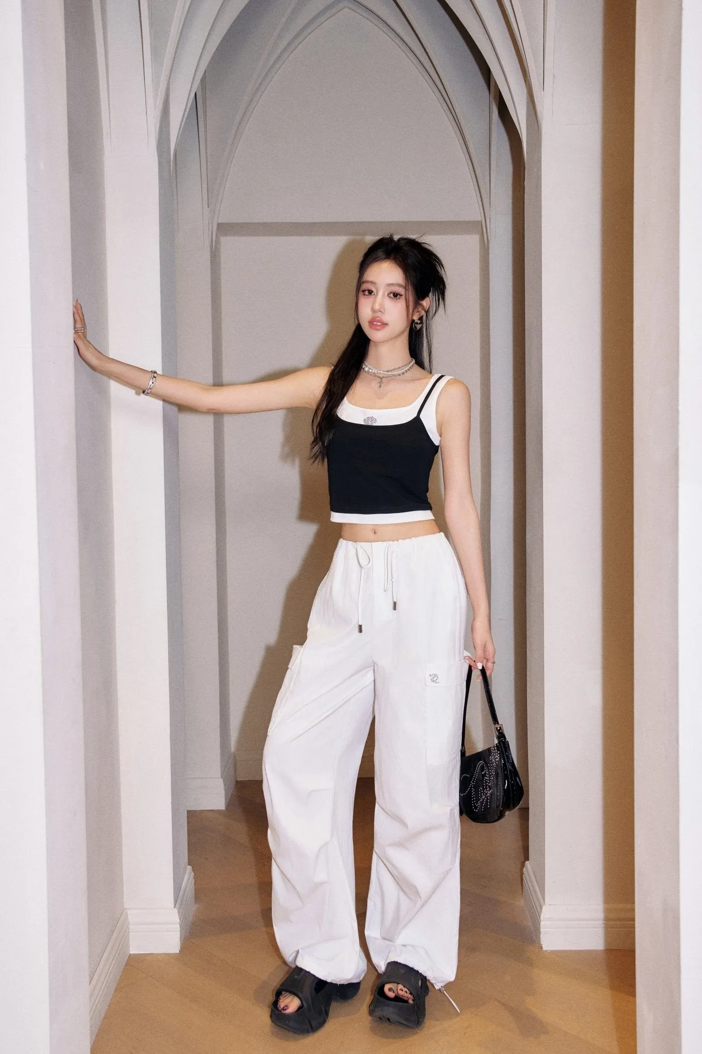 White Loose-Fitting Three-Dimensional Pockets Work Pants