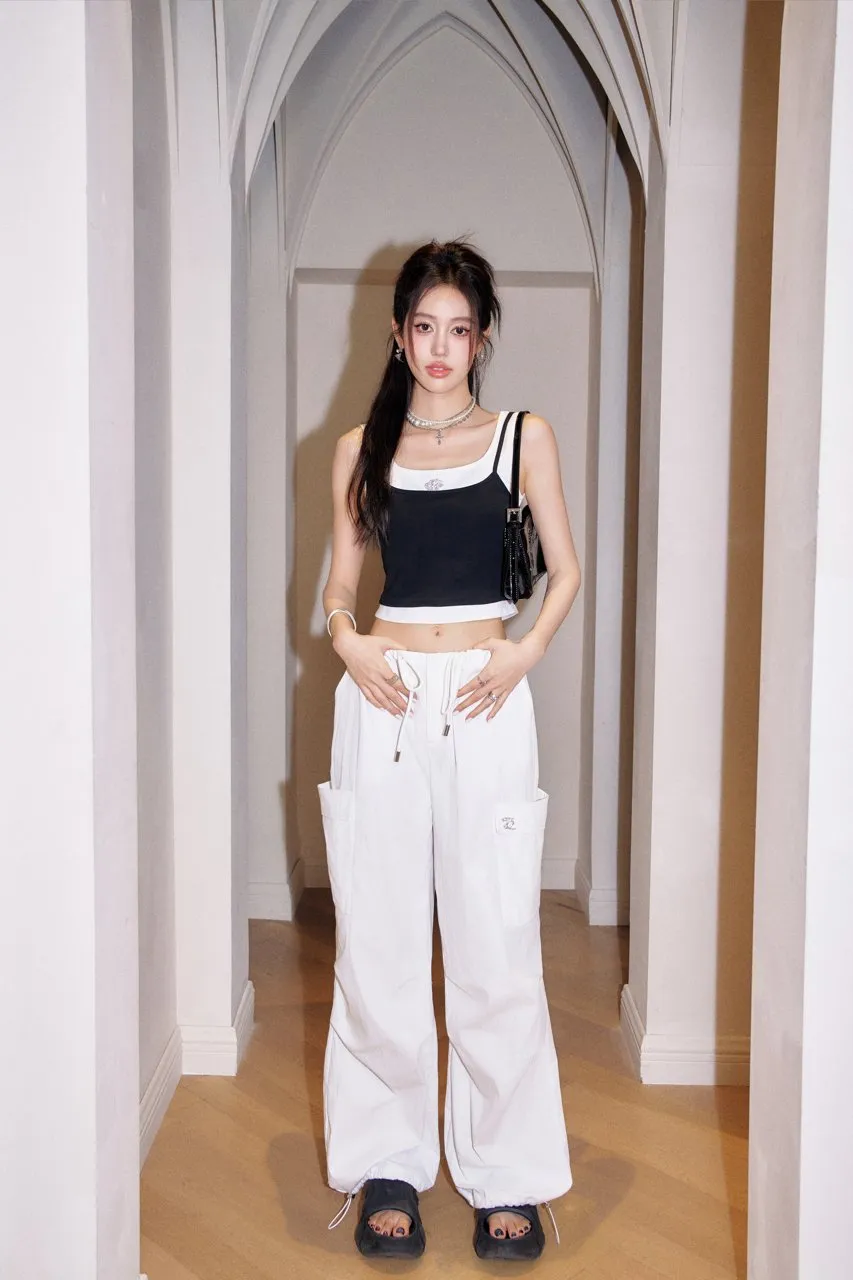 White Loose-Fitting Three-Dimensional Pockets Work Pants