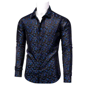 YourTies Black Mens Top Blue Floral Jacquard Long Sleeve Dinner Shirt