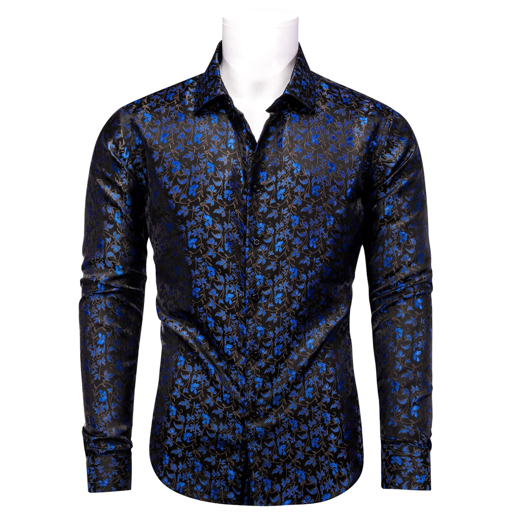 YourTies Black Mens Top Blue Floral Jacquard Long Sleeve Dinner Shirt