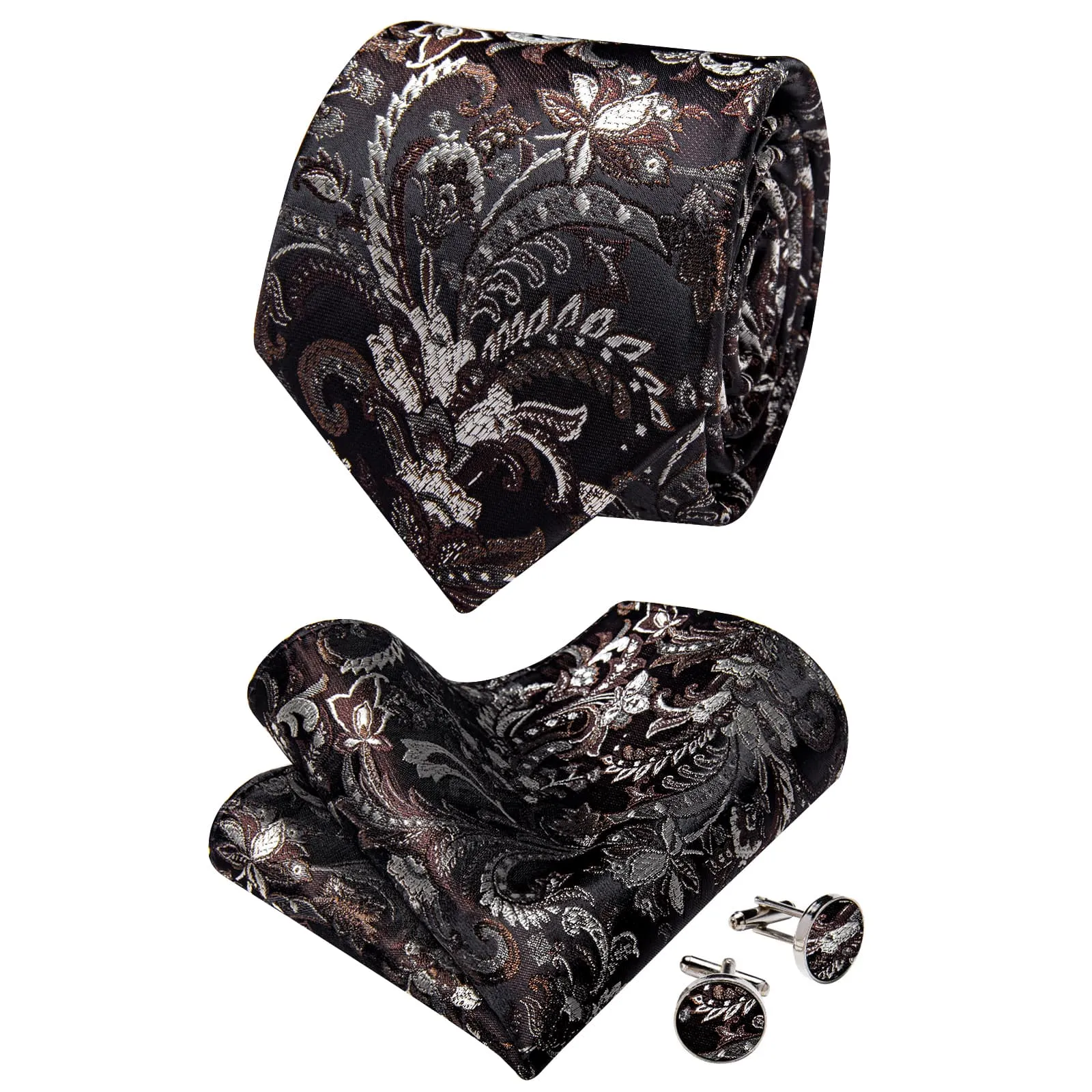 YourTies Black Solid Long Sleeve Shirt with Black Brown Floral Silk Tie for Men