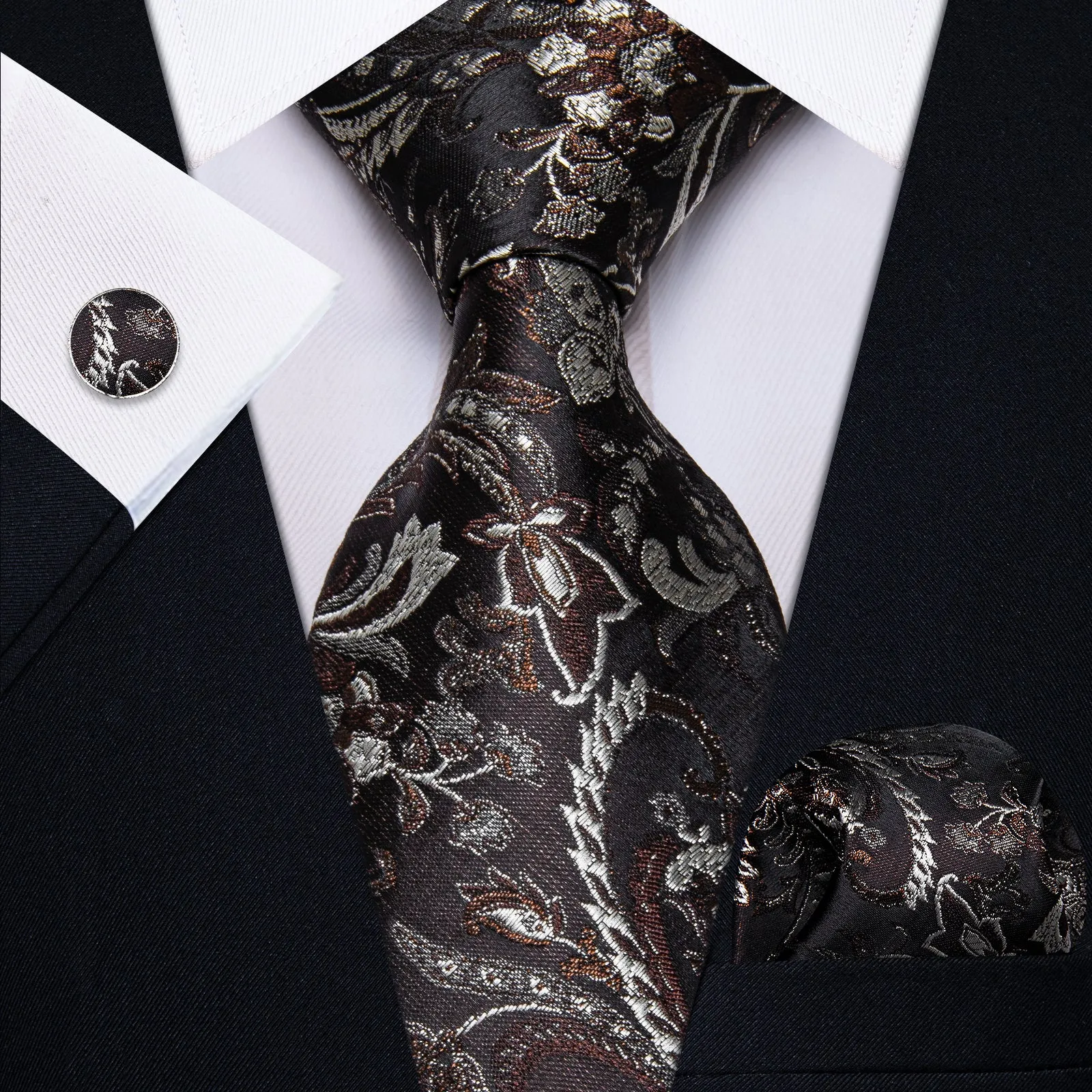 YourTies Black Solid Long Sleeve Shirt with Black Brown Floral Silk Tie for Men