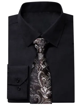 YourTies Black Solid Long Sleeve Shirt with Black Brown Floral Silk Tie for Men