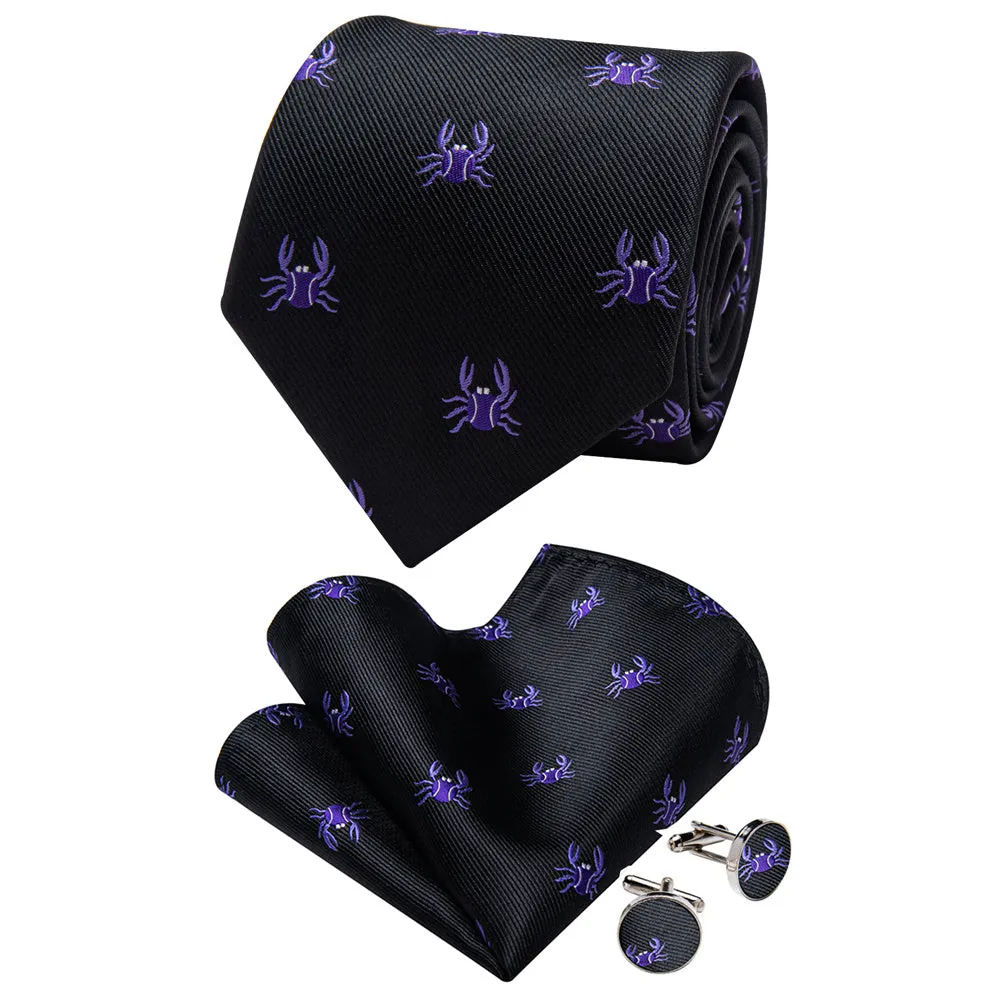 YourTies Black Solid Long Sleeve Shirt with Black Purple Novelty Pattern Silk Tie for Men