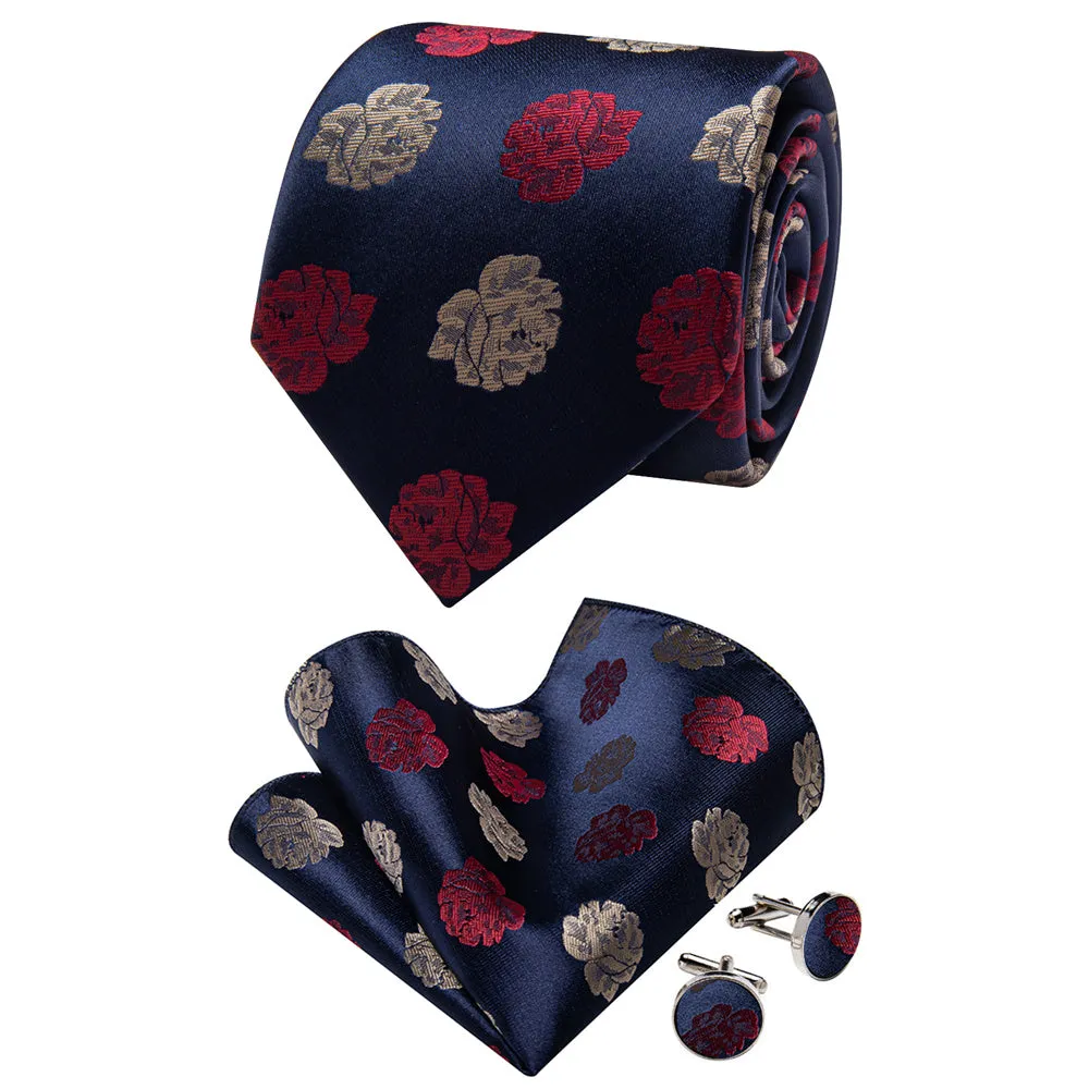 YourTies Black Solid Long Sleeve Shirt with Blue Red Floral Silk Tie for Men