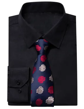 YourTies Black Solid Long Sleeve Shirt with Blue Red Floral Silk Tie for Men