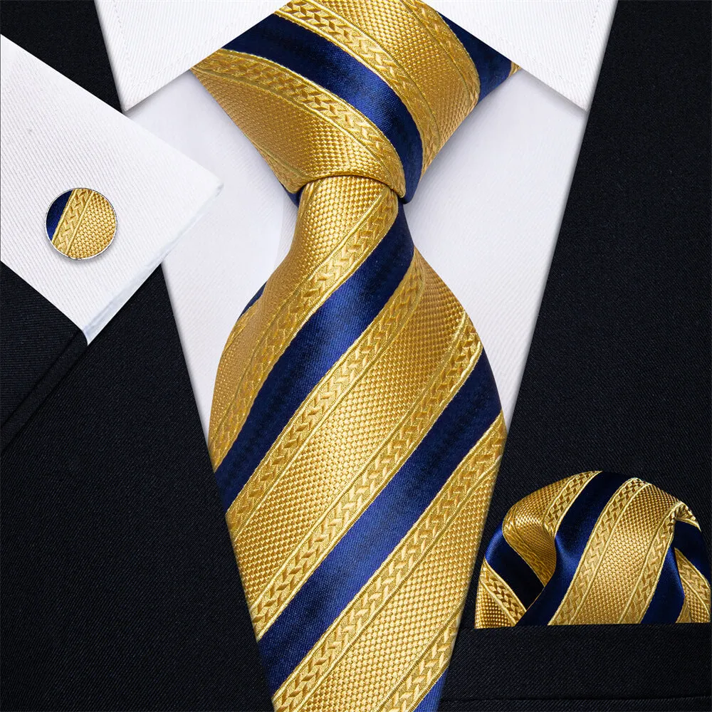 YourTies Black Solid Long Sleeve Shirt with Gold Blue Striped Silk Tie for Men