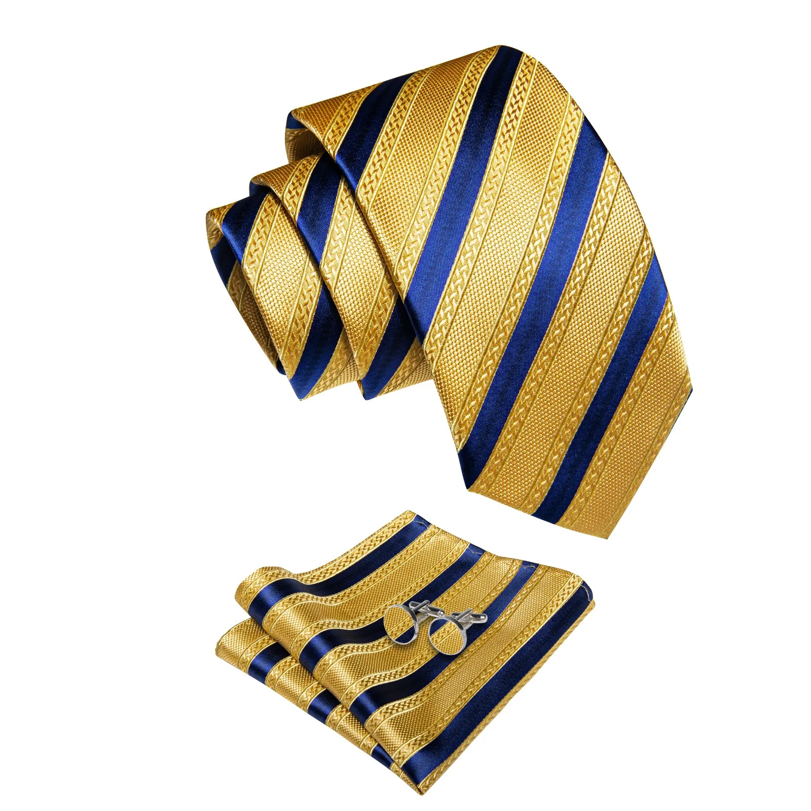 YourTies Black Solid Long Sleeve Shirt with Gold Blue Striped Silk Tie for Men